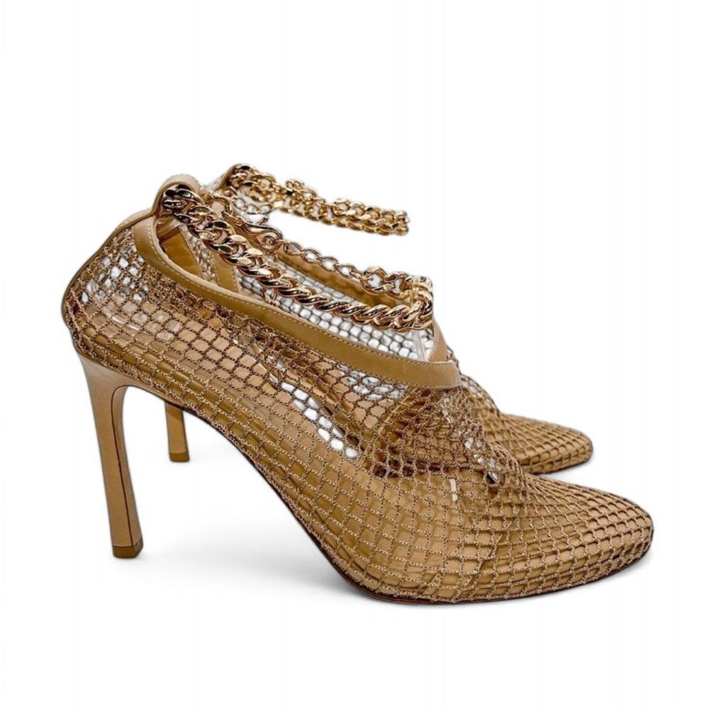Authentic BOTTEGA VENETA Tan Sand Tex Mesh Gold Trim Runway Sandals Size… - Picture 10 of 16